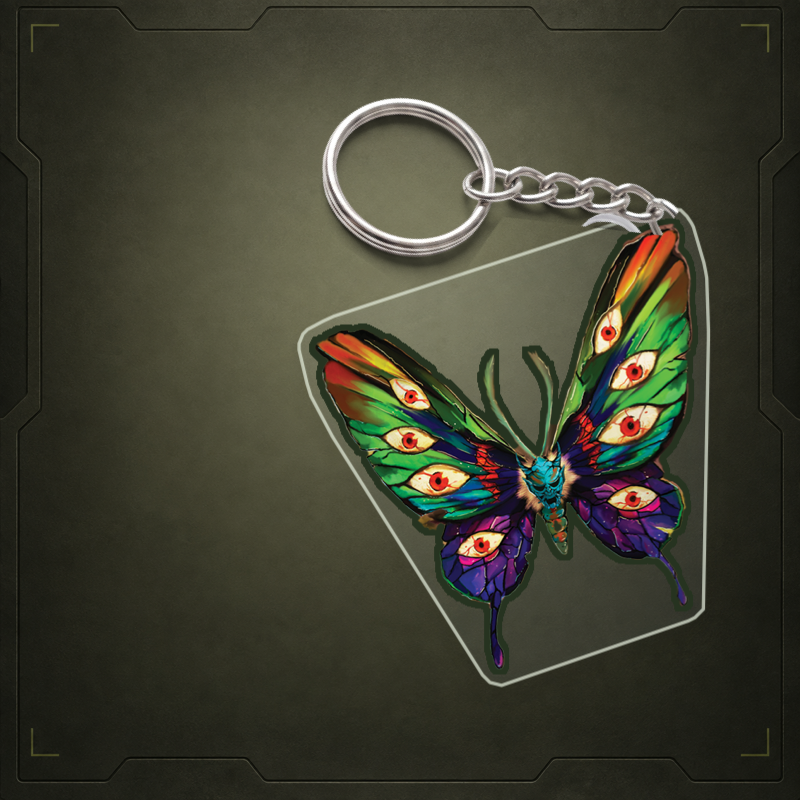 Minus Moth acrylic keychain visualization with clear edge and metal attachment. Illustrative view; final shape and attachment may differ.