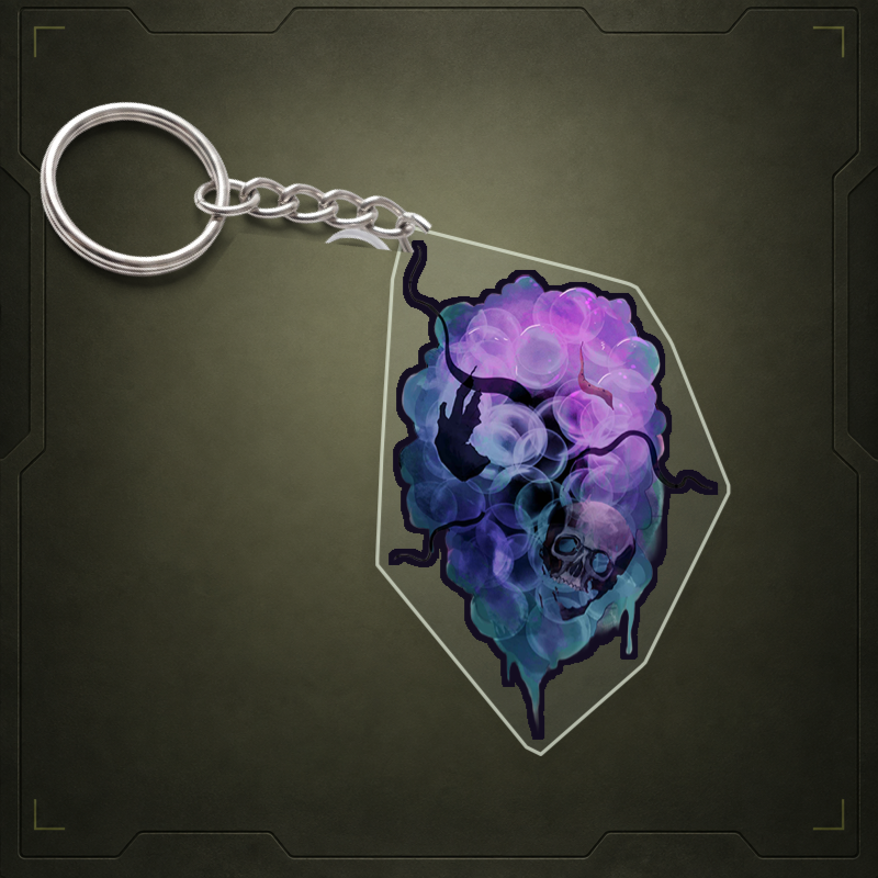 Foams acrylic keychain visualization with clear edge and metal attachment. Illustrative view; final shape and attachment may differ.