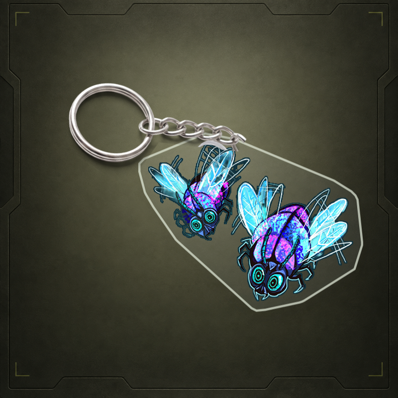 Aqua Skits acrylic keychain visualization with clear edge and metal attachment. Illustrative view; final shape and attachment may differ.