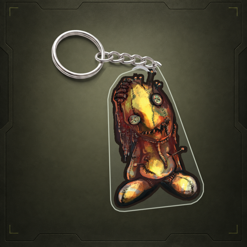 Hex Doll acrylic keychain visualization with clear edge and metal attachment. Illustrative view; final shape and attachment may differ.
