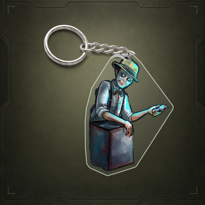 The Tollkeeper acrylic keychain visualization with clear edge and metal attachment. Illustrative view; final shape and attachment may differ.