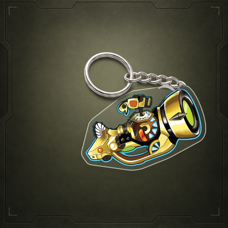 Clockwork Torch acrylic keychain visualization with clear edge and metal attachment. Illustrative view; final shape and attachment may differ.
