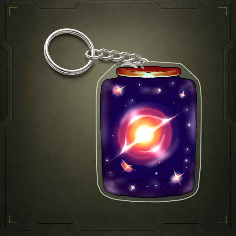 Jar O’ Bright acrylic keychain visualization with clear edge and metal attachment. Illustrative view; final shape and attachment may differ.