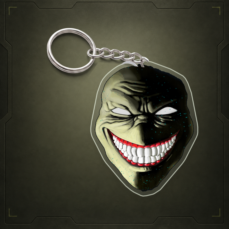 Smiler acrylic keychain visualization with clear edge and metal attachment. Illustrative view; final shape and attachment may differ.