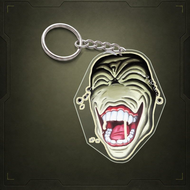 Laughter acrylic keychain visualization with clear edge and metal attachment. Illustrative view; final shape and attachment may differ.