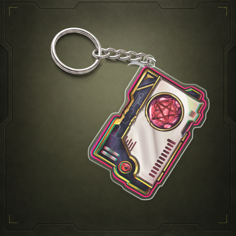 Key Card acrylic keychain visualization with clear edge and metal attachment. Illustrative view; final shape and attachment may differ.