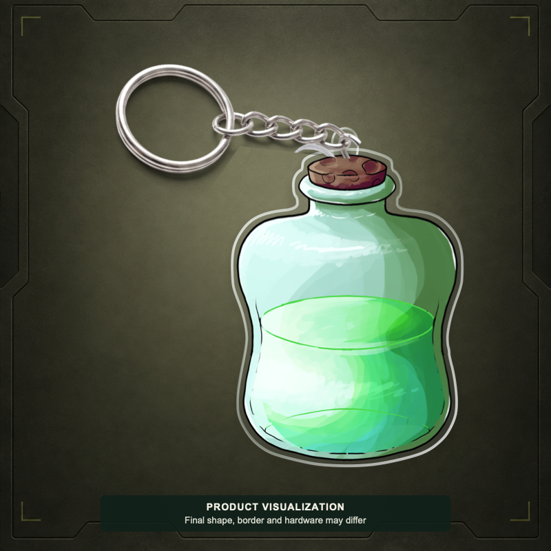 Shrink Drink acrylic keychain product visualization showing a green bottle with a key ring; final shape, border and hardware may differ.