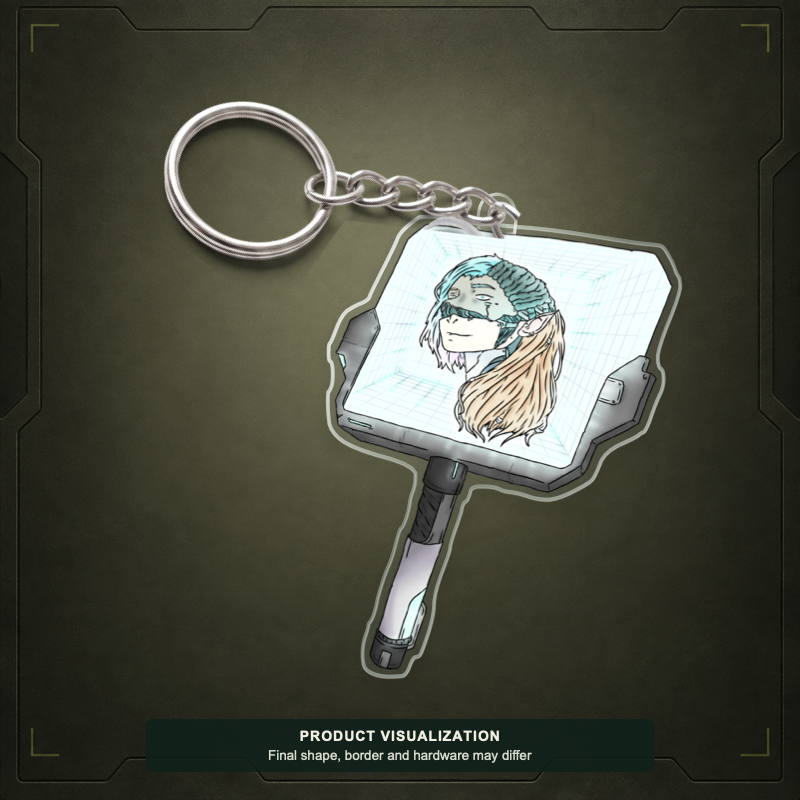 Mirror Piece acrylic keychain product visualization showing a hand mirror with a key ring; final shape, border and hardware may differ.