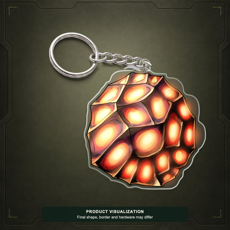 Flash Sphere acrylic keychain product visualization showing an orange glowing sphere with a key ring; final shape, border and hardware may differ.