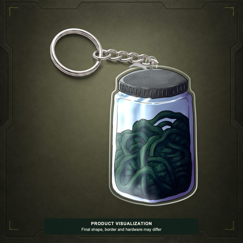 Jar O’Dark acrylic keychain product visualization showing a jar of dark swirling forms; final shape, border and hardware may differ.