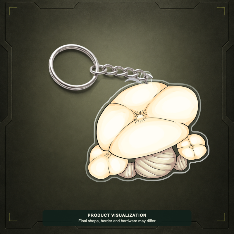 Snooze Shrooms acrylic keychain product visualization showing cream-colored mushrooms; final shape, border and hardware may differ.
