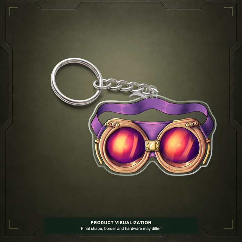 Master Goggles acrylic keychain product visualization showing purple goggles with orange lenses; final shape, border and hardware may differ.