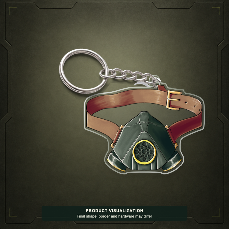 Gas Mask acrylic keychain product visualization showing a dark mask and brown straps; final shape, border and hardware may differ.