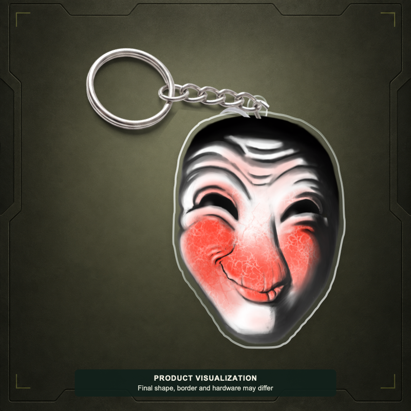 Blusher acrylic keychain product visualization showing a smiling pale face with red cheeks; final shape, border and hardware may differ.