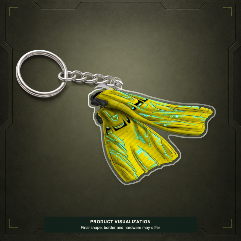 Lost Fins acrylic keychain product visualization showing yellow swimming fins; final shape, border and hardware may differ.