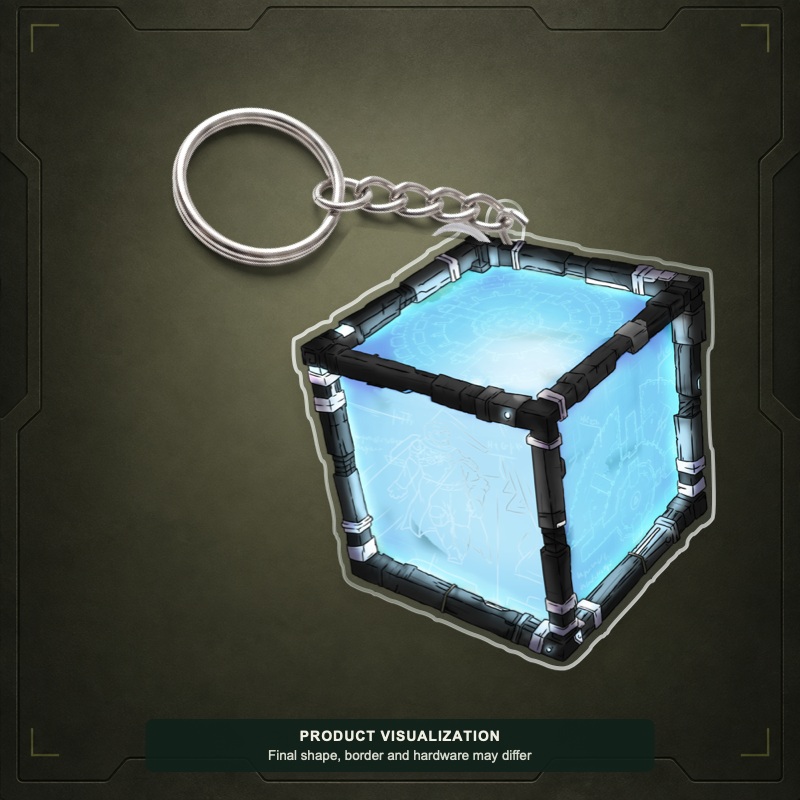 B.S.C.O.S. Device acrylic keychain product visualization showing a blue cube in a dark frame; final shape, border and hardware may differ.