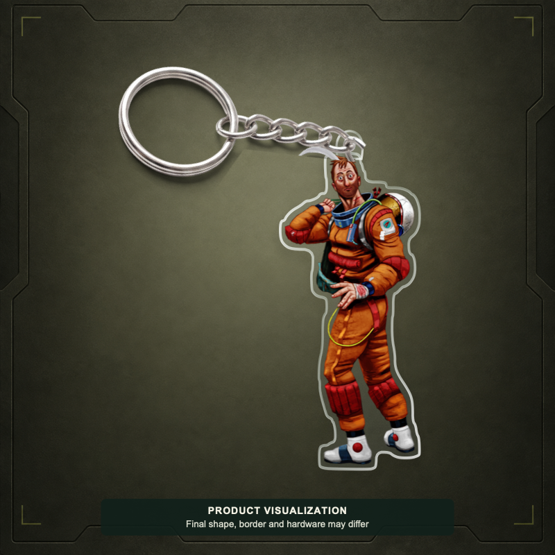 Cosmonaut Tomac acrylic keychain product visualization showing a figure in an orange spacesuit; final shape, border and hardware may differ.