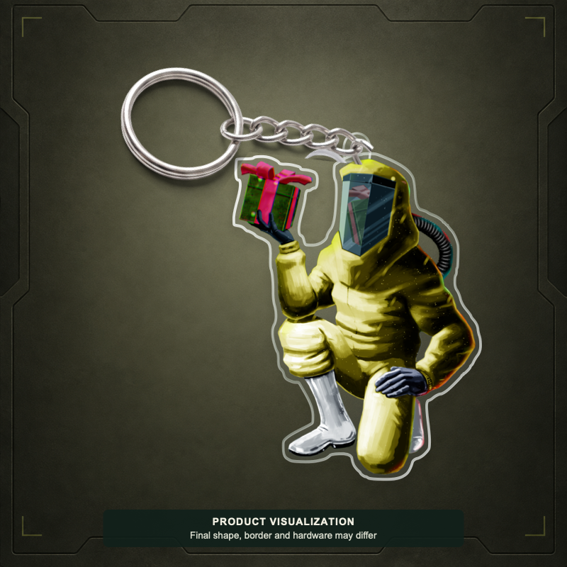 Gift Agent acrylic keychain product visualization showing a yellow-suited figure holding a wrapped gift; final shape, border and hardware may differ.
