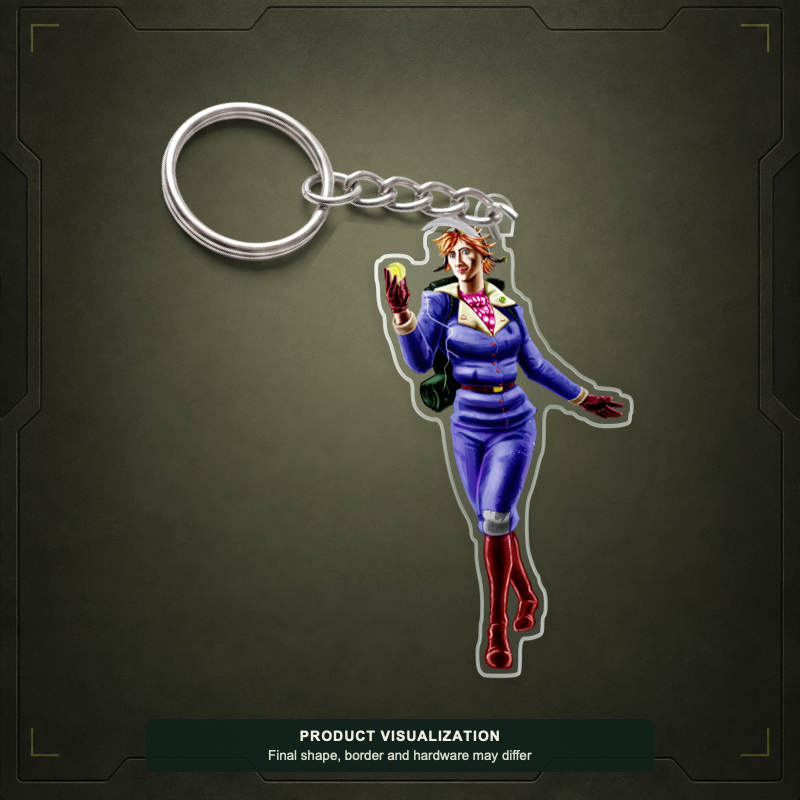 Lady Lindy acrylic keychain product visualization showing a figure in a purple outfit and red boots; final shape, border and hardware may differ.
