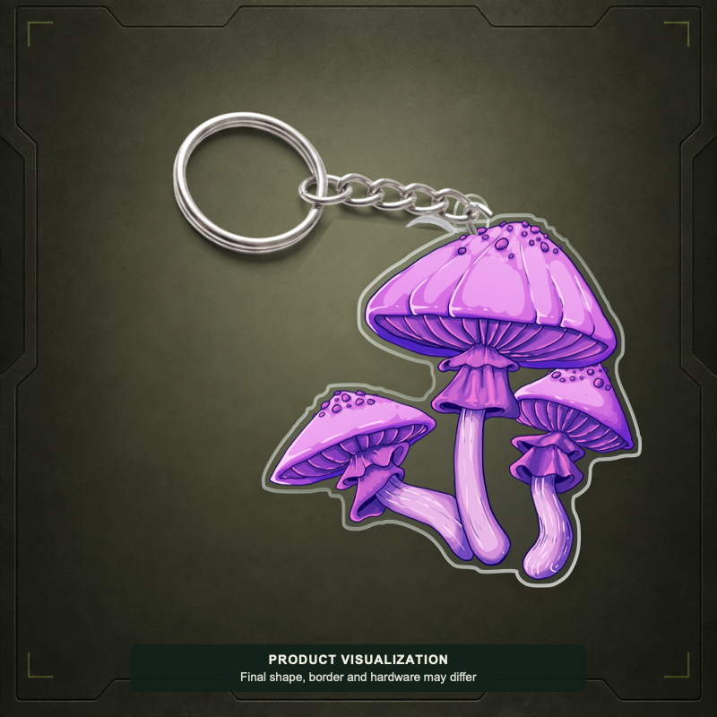 Boom Shrooms acrylic keychain product visualization showing three purple mushrooms; final shape, border and hardware may differ.