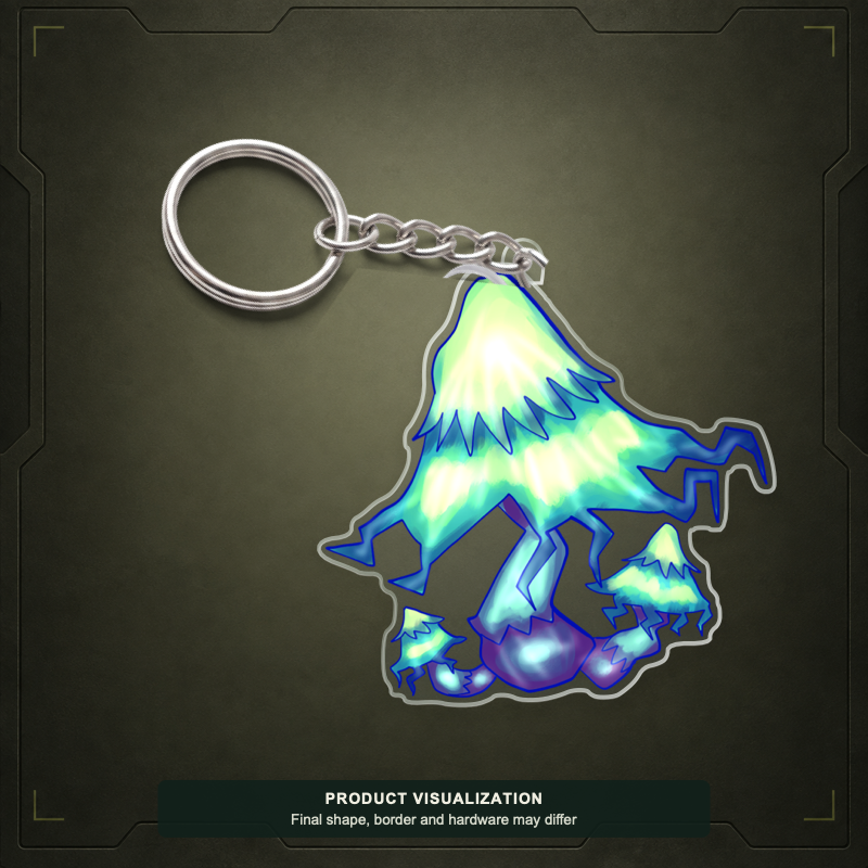 Shock Shrooms acrylic keychain product visualization showing glowing green and blue mushrooms; final shape, border and hardware may differ.