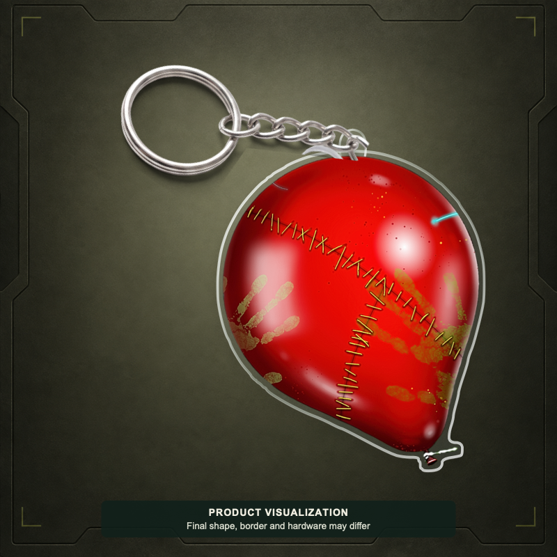 ElectroFest Balloon acrylic keychain product visualization showing a red balloon with stitched seams and handprints; final shape, border and hardware may differ.