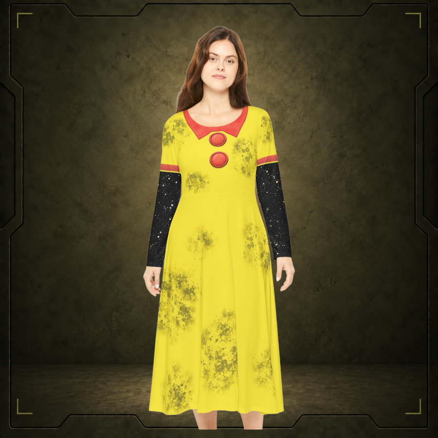 Approved Doll Face dress provider model on the olive-brown Backrooms TCG marketplace background; size L, dress only.