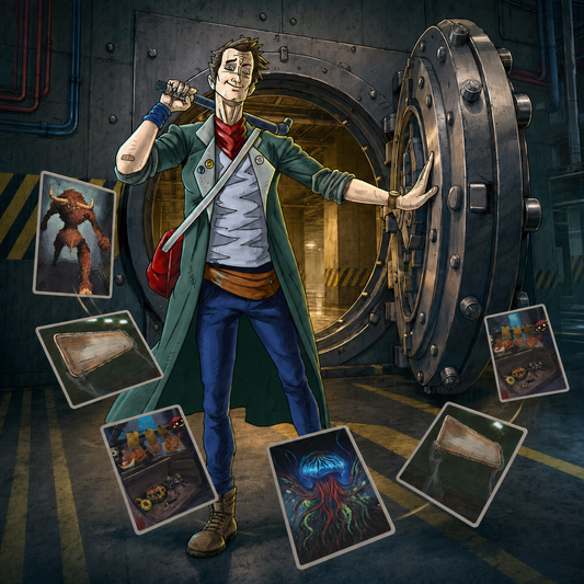 Oliver the Guide opens the Backrooms TCG Vault, surrounded by vaulted holographic promo cards.